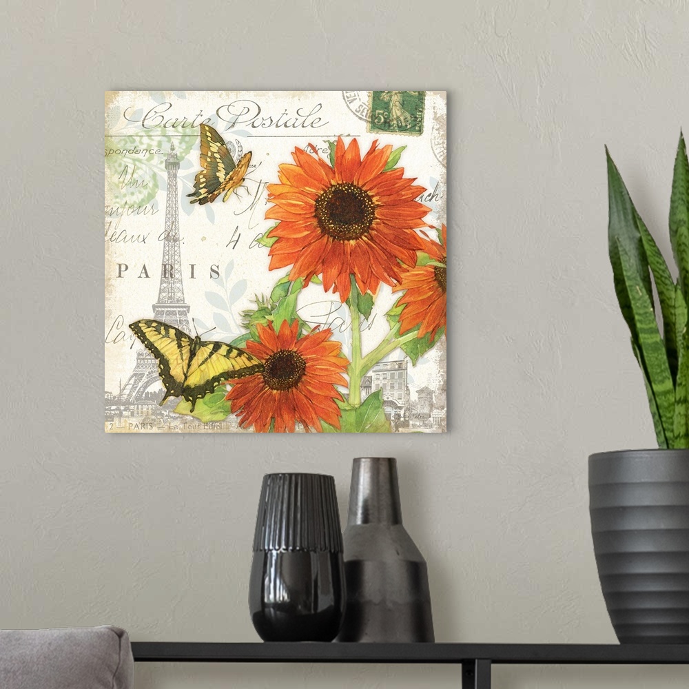 A modern room featuring Square decor with watercolor painted orange sunflowers and yellow butterflies on a white backgrou...