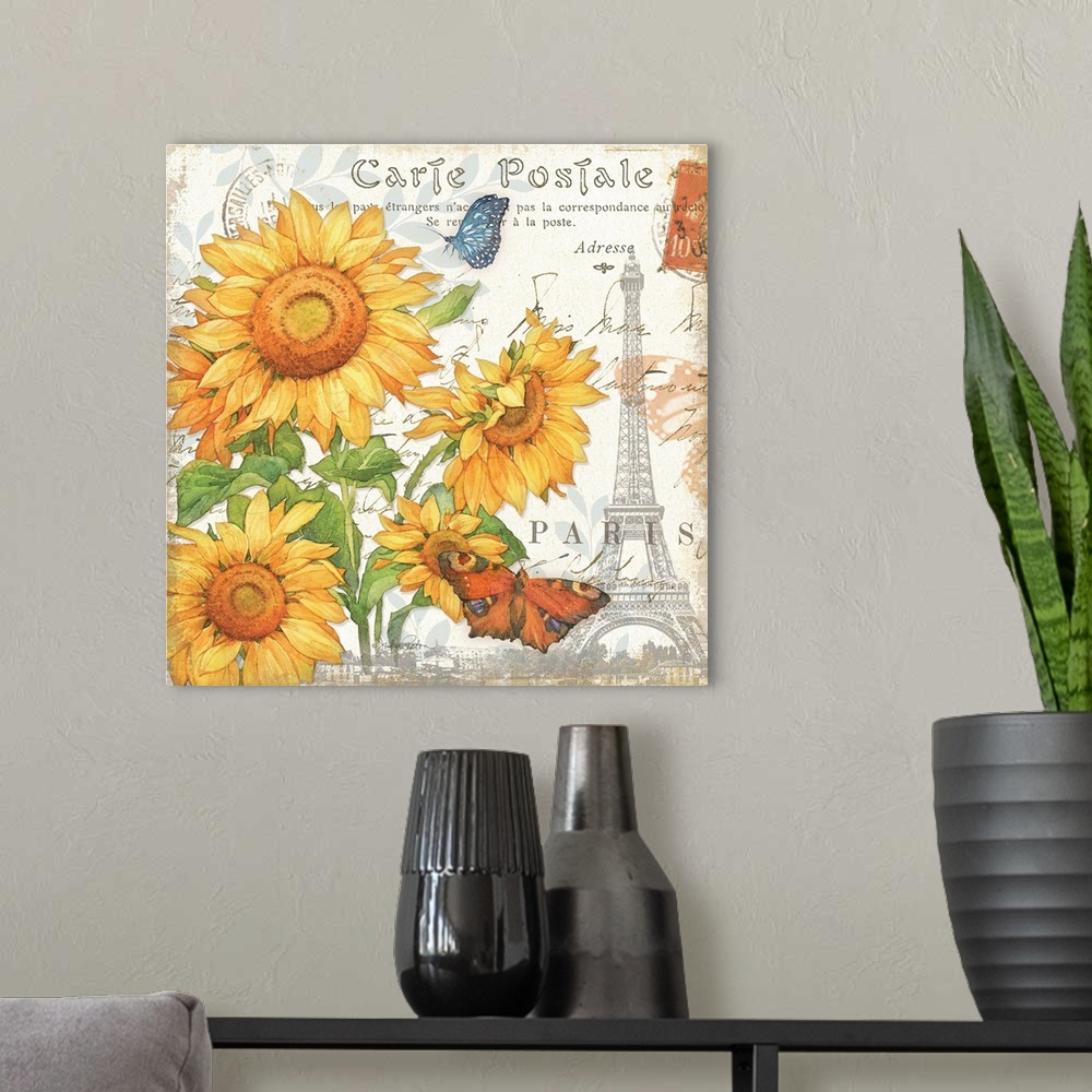 A modern room featuring Square decor with watercolor painted sunflowers and two butterflies on a white background with an...