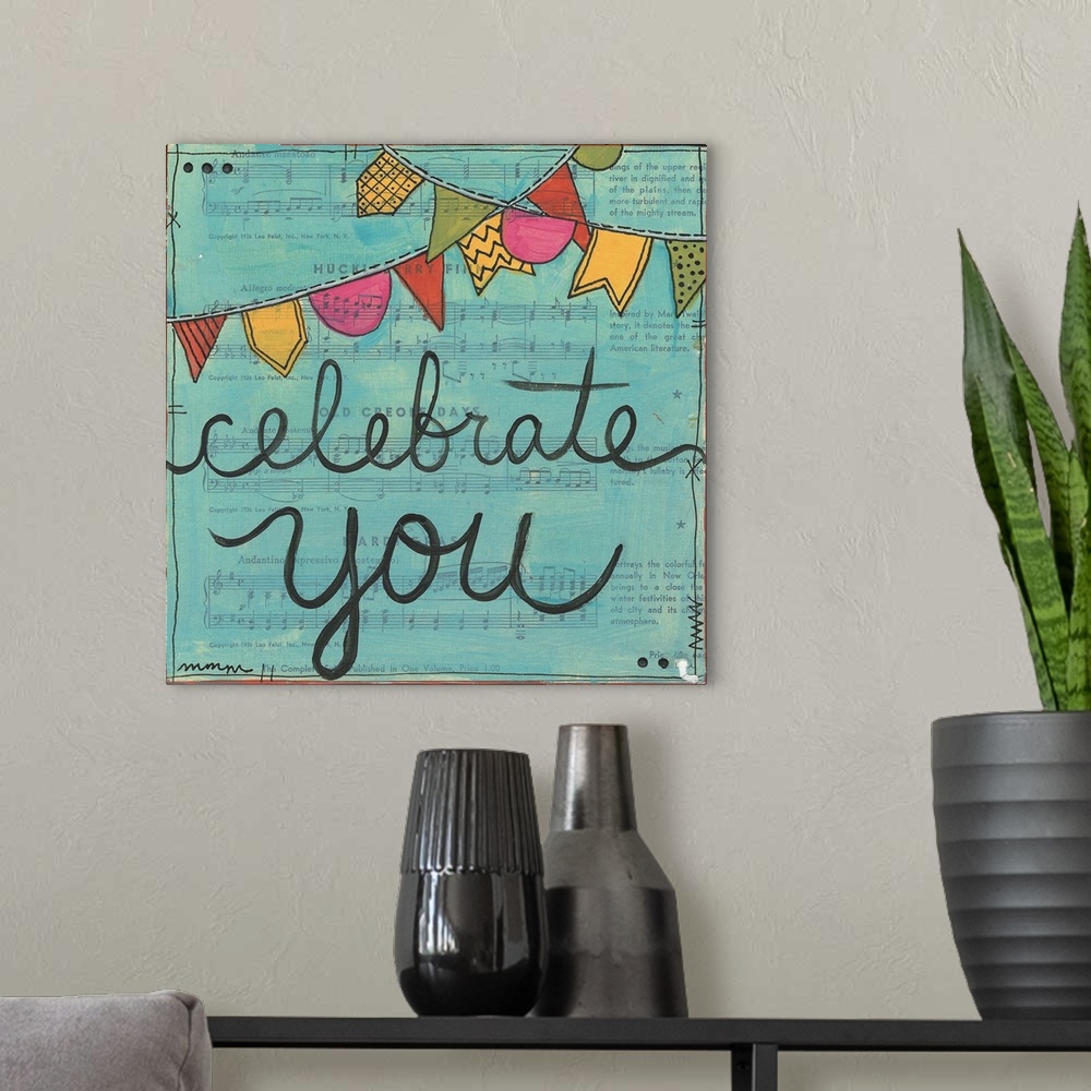 A modern room featuring "Celebrate You" created with mixed media.