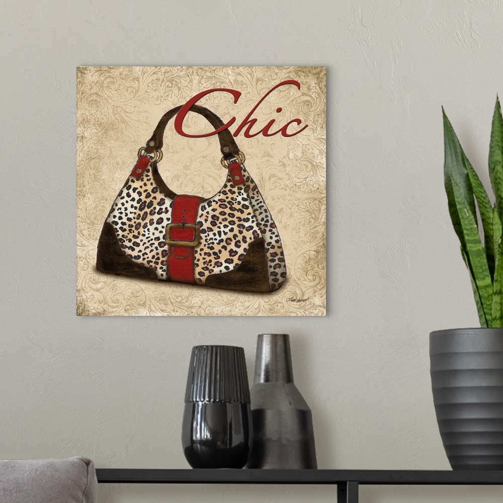 A modern room featuring Square decor with an illustration of a cheetah print purse and "Chic" written on top in red.