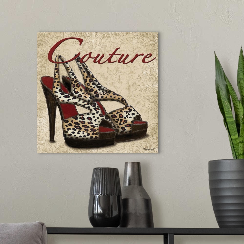 A modern room featuring Square decor with an illustration of cheetah print heels and "Couture" written on top in red.