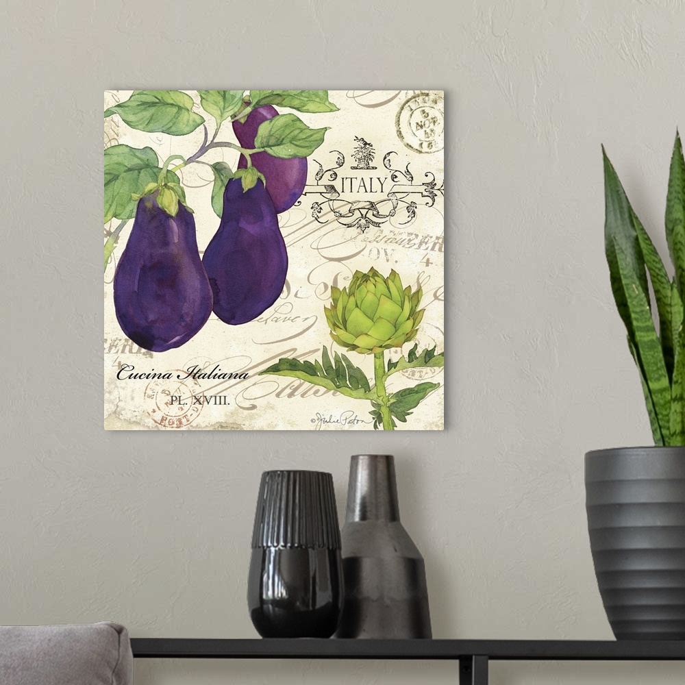 A modern room featuring Italian kitchen decor with illustrations of eggplants and artichokes on a vintage background with...