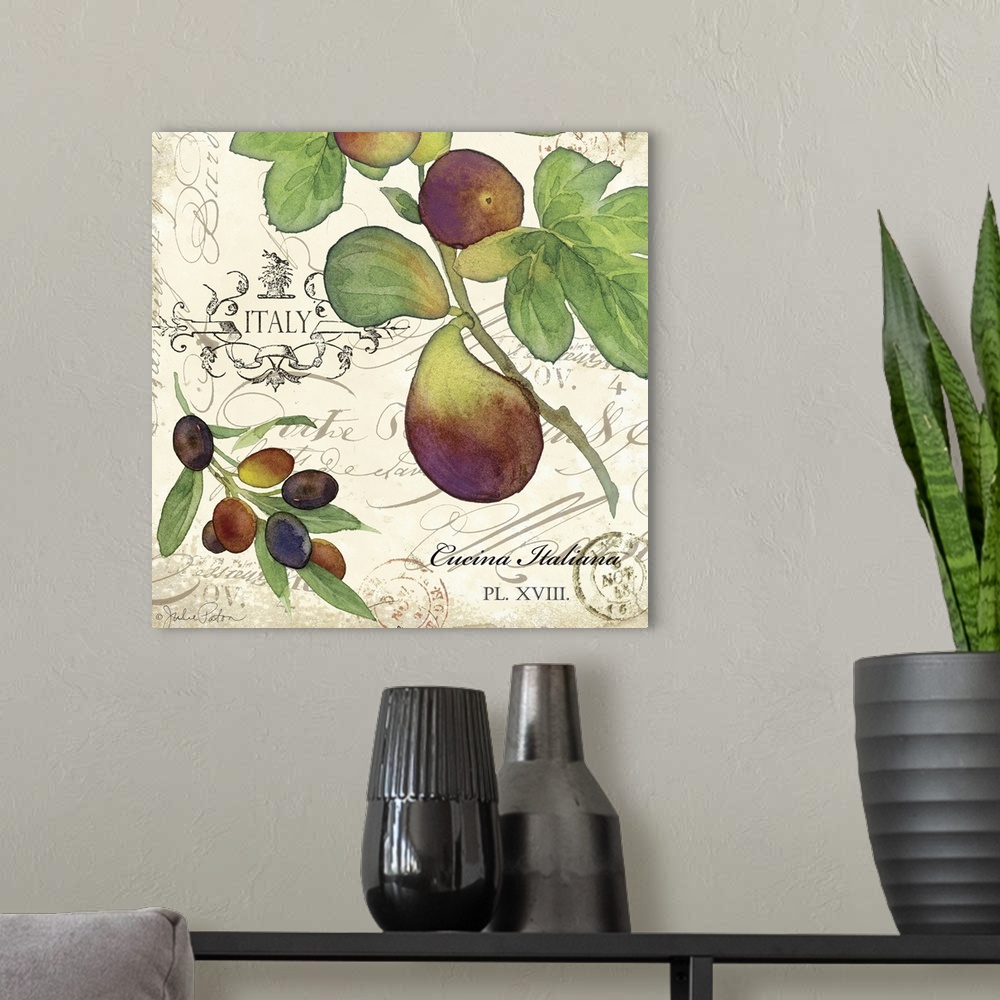 A modern room featuring Italian kitchen decor with illustrations of figs and olives on a vintage background with black wr...