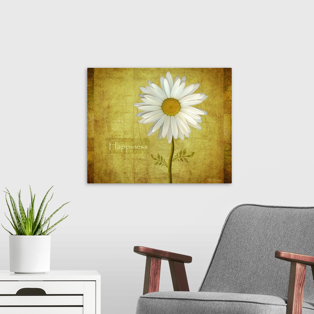 A modern room featuring Canvas print of a flower on top of a grungy background.