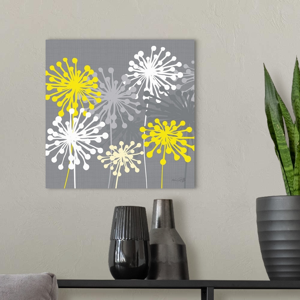 A modern room featuring Square abstract illustration of yellow, white, and gray dandelions on a gray background.
