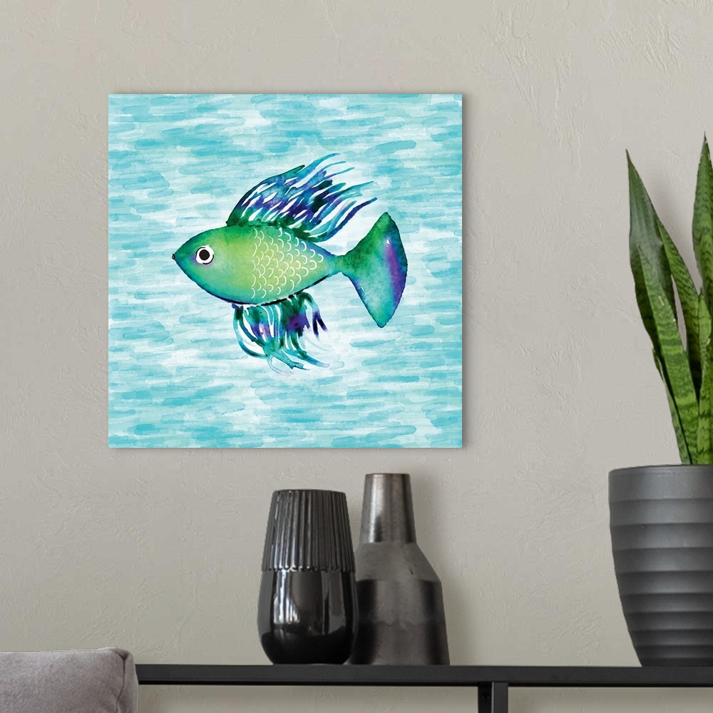 A modern room featuring Square illustration of a green, purple, and blue fish swimming in water created with short, horiz...