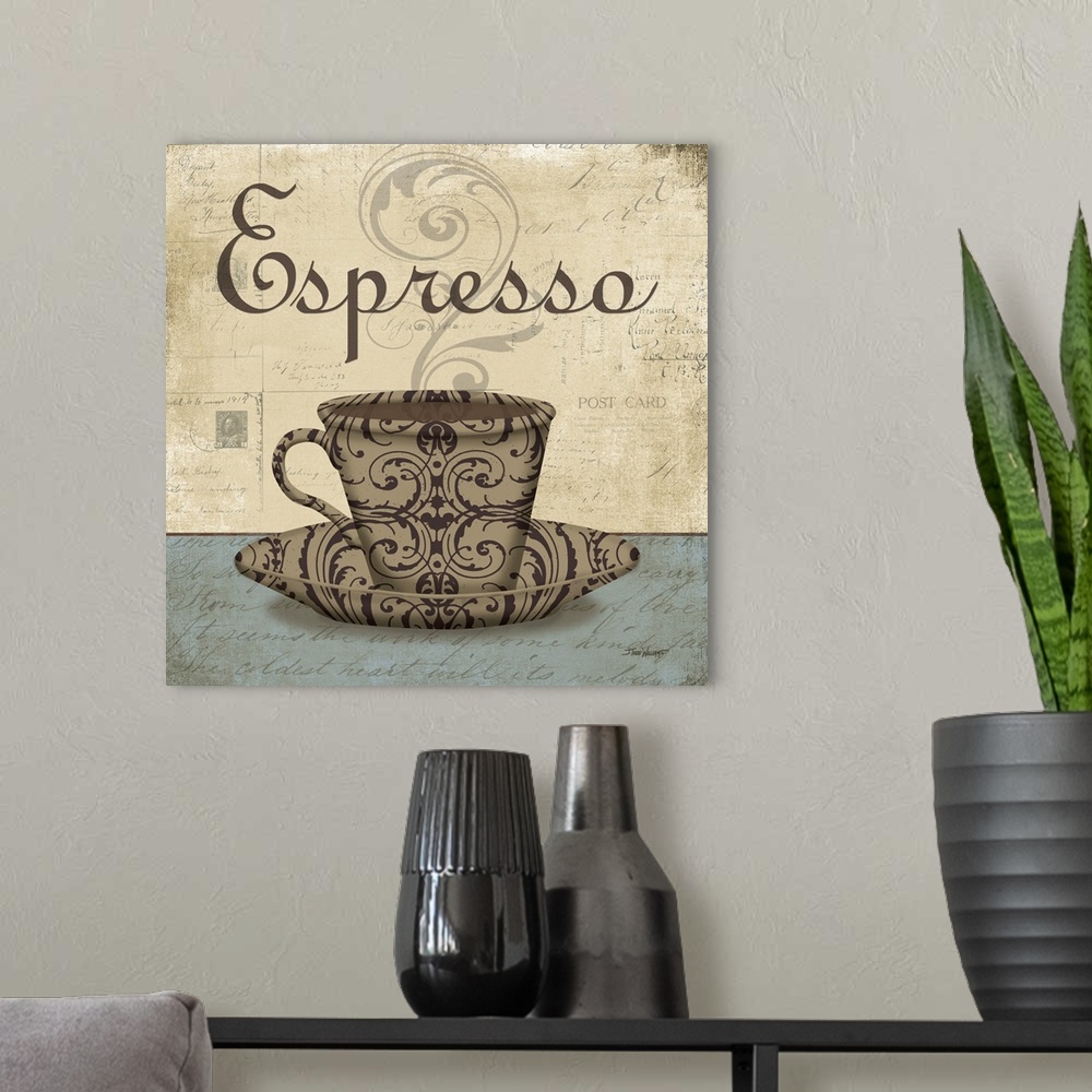 A modern room featuring Square cafe decor with an illustration of a decorative coffee cup on a saucer in brown tones, "Es...