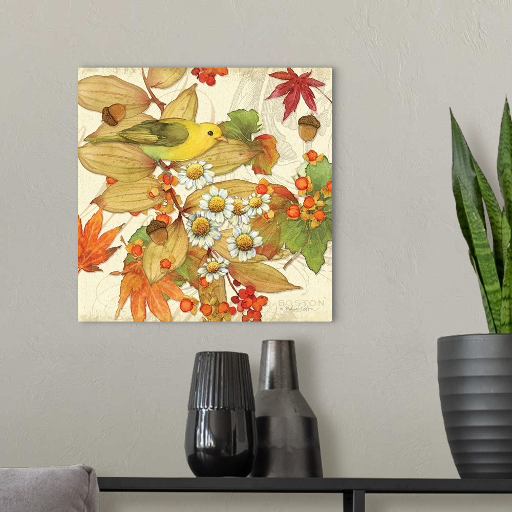 A modern room featuring Square Autumn decor with a watercolor painting of a yellow bird amongst Fall leaves, flowers, and...