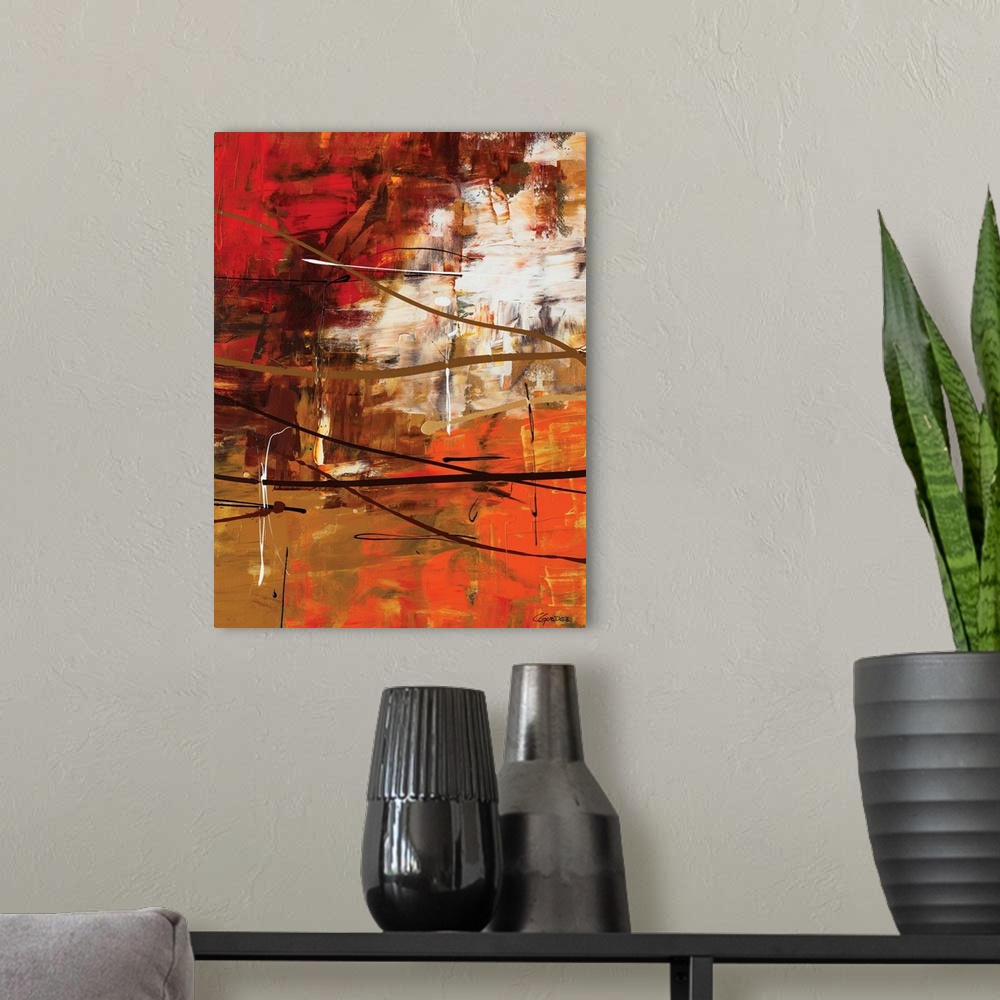 A modern room featuring Modern abstract painting in shades of brown, orange, yellow, red, and white with thin lines of da...