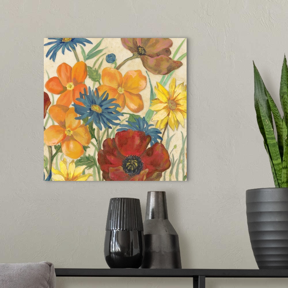 A modern room featuring Square painting of red, orange, blue, and yellow flowers on a neutral colored background.