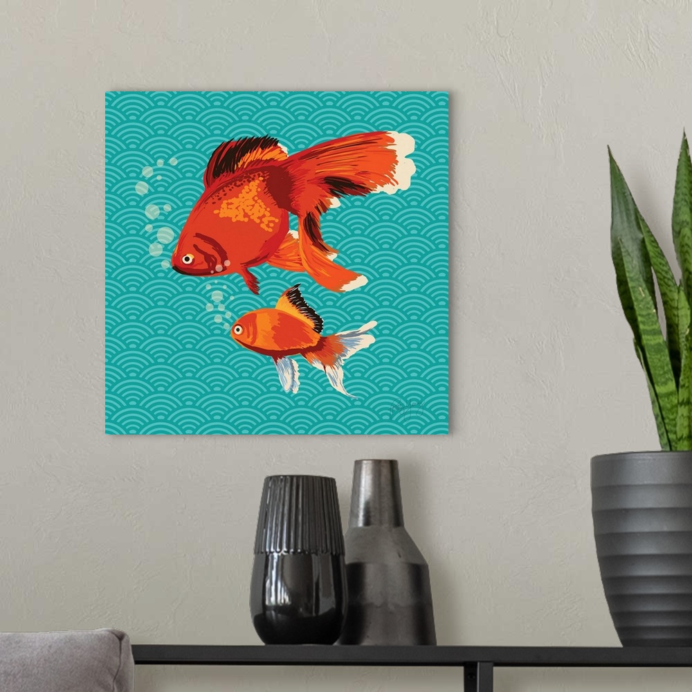 A modern room featuring Square illustration with two goldfish swimming on a teal patterned background.