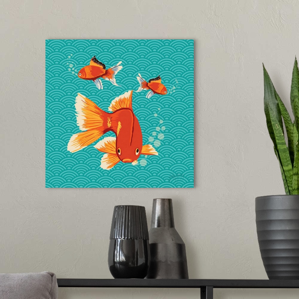 A modern room featuring Square illustration with two goldfish swimming on a teal patterned background.