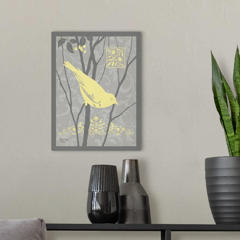 A modern room featuring Illustration of a bird on a branch in yellow and gray tones.