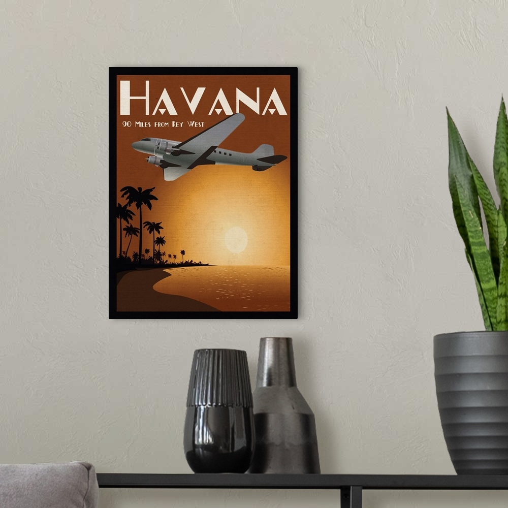 A modern room featuring Havana travel poster in orange, brown, and black hues with a plan flying overhead.