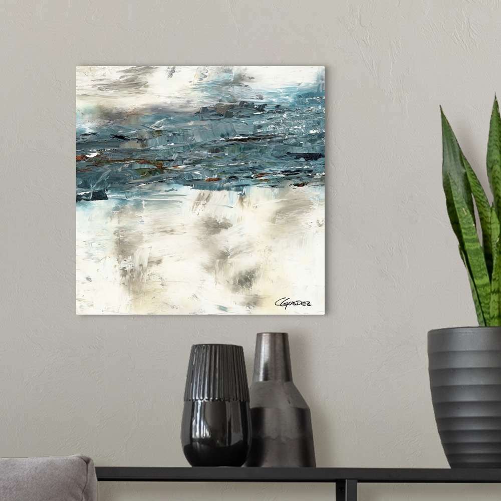 A modern room featuring Square abstract painting that has thick layers of teal blue brushstrokes with hints of black, whi...