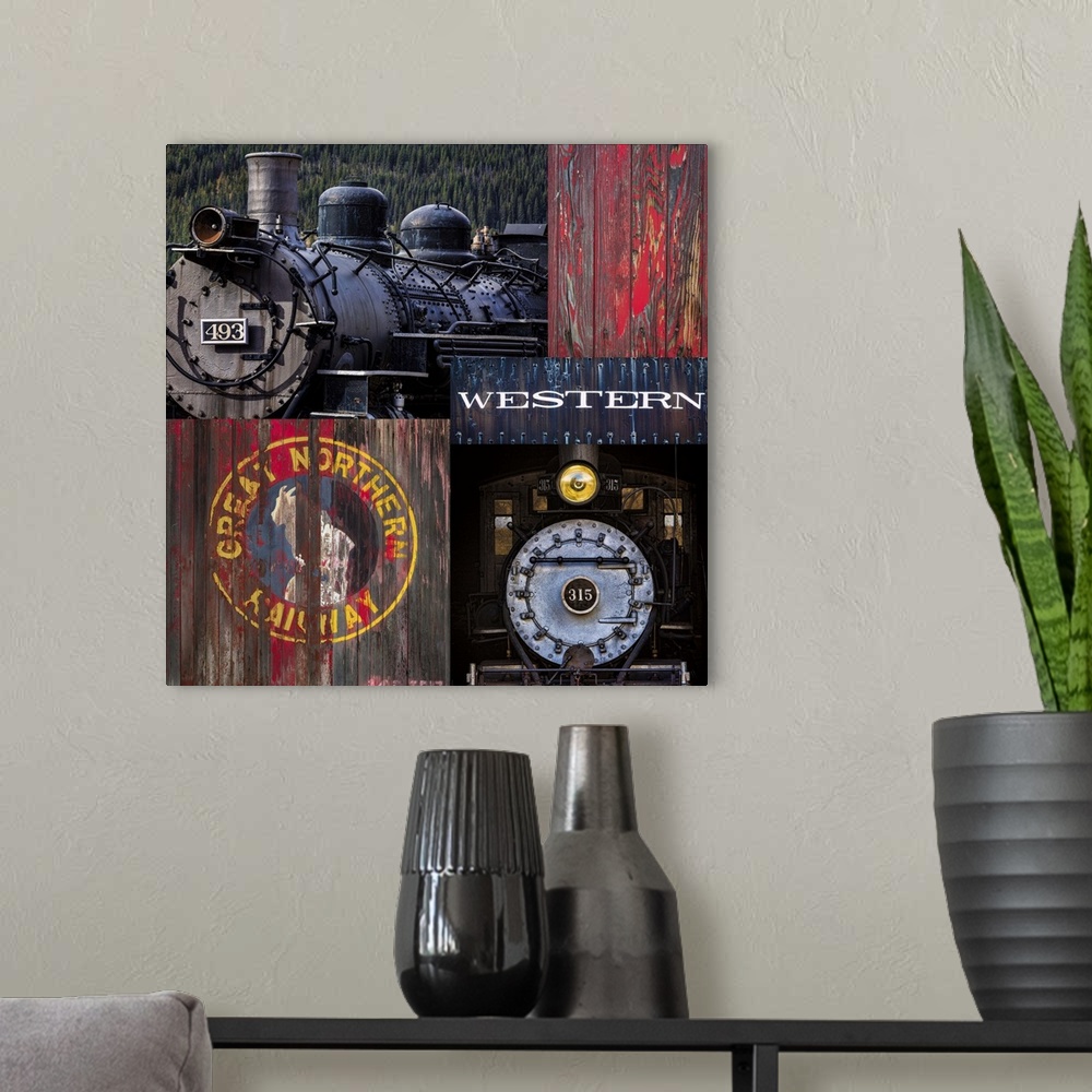 A modern room featuring Collage of railroad themed photos including trains and weathered signs.