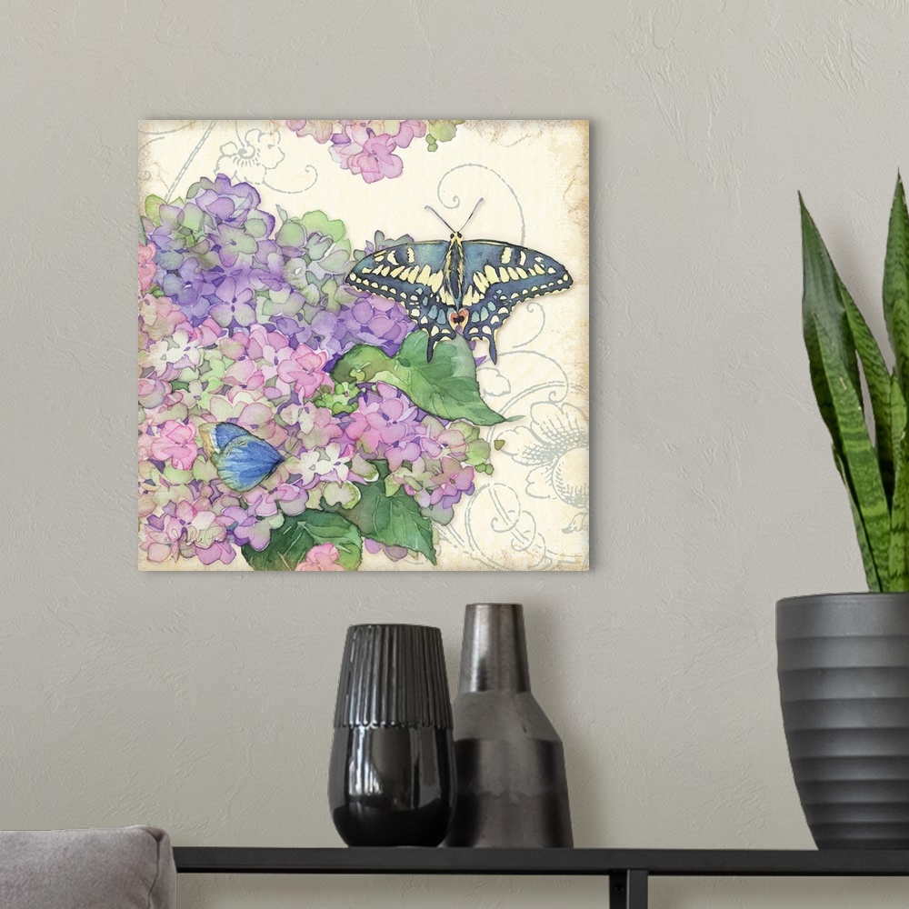 A modern room featuring Square painting of purple and pink hydrangeas and two butterflies on top of an antique styled bac...