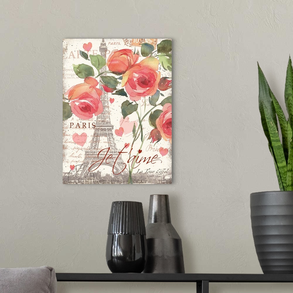 A modern room featuring Watercolor painted pink roses on top of an illustration of the Eiffel Tower surrounded by pink he...