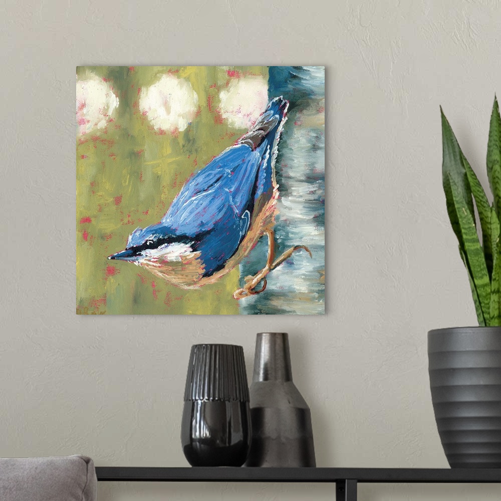 A modern room featuring Contemporary painting of a nuthatch bird on a tree trunk.