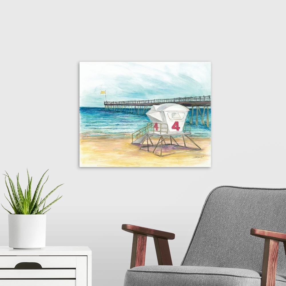 A modern room featuring Painting of a white lifeguard station with a red number 4 on the side in front of the ocean with ...