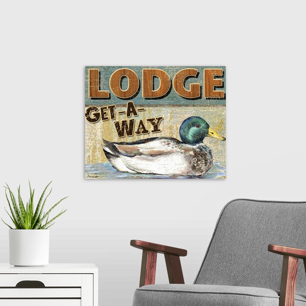 A modern room featuring Lake decor with an illustration of a duck and "Lodge Get-A-Way" written at the top in shades of b...