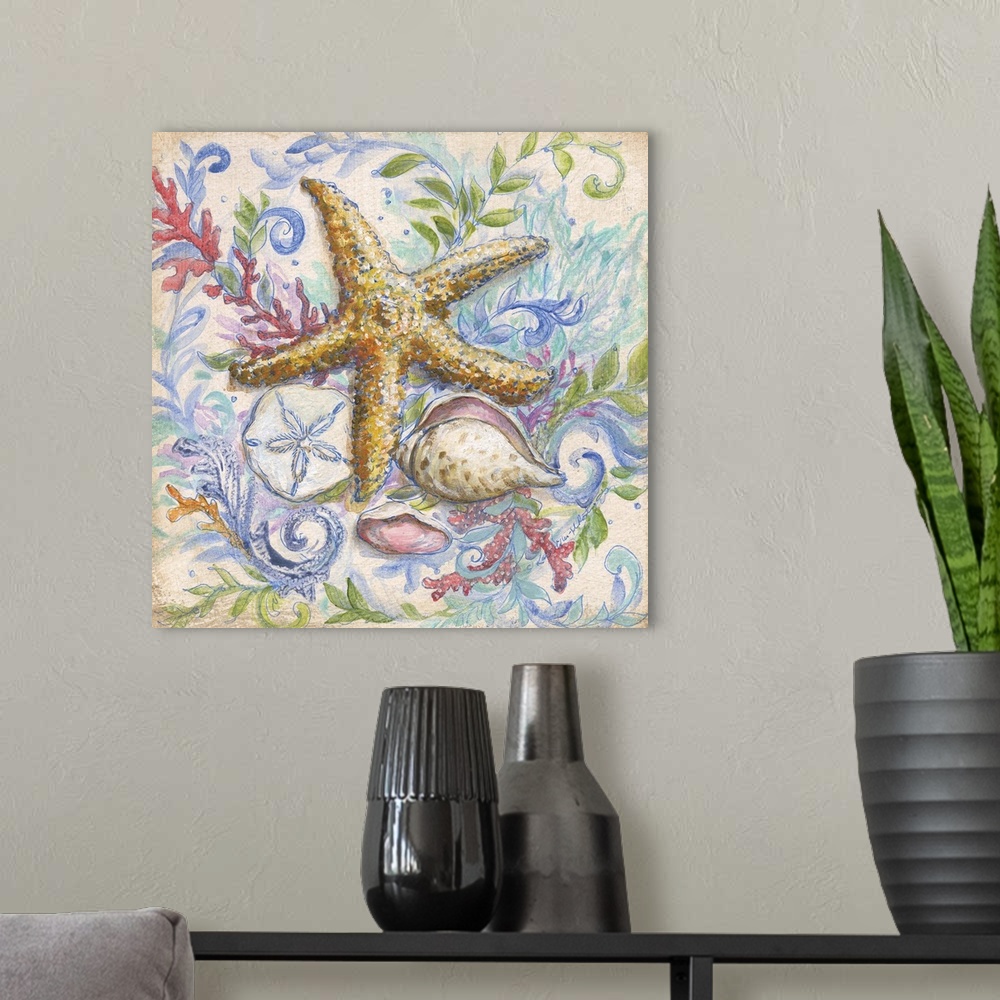 A modern room featuring Square beach themed painting of a starfish surrounded by seashells, seaweed, coral, and a sand do...