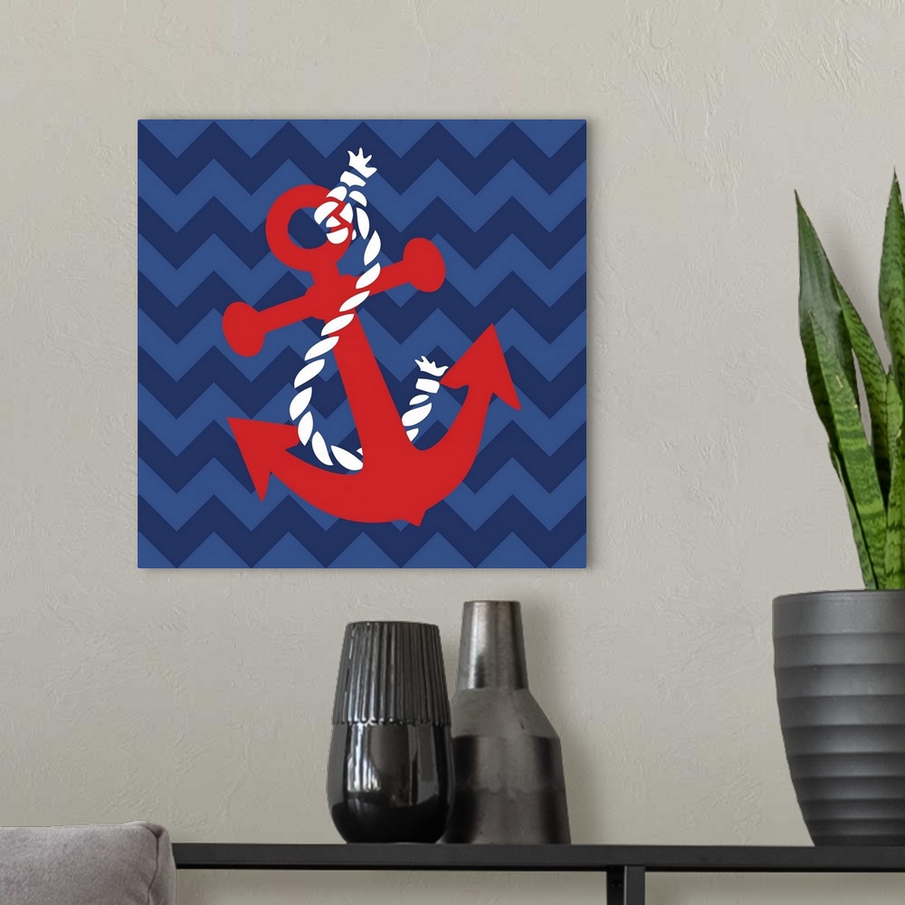 A modern room featuring Square nautical art with an illustration of a red anchor and white rope on a blue zig-zag pattern...