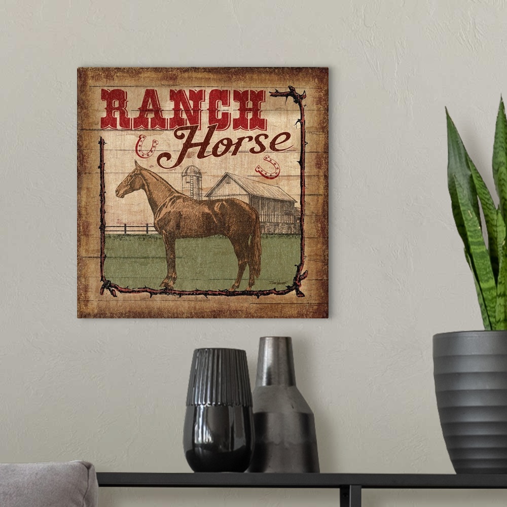 A modern room featuring Square decor with an illustration of a horse and "Ranch Horse" written at the top.