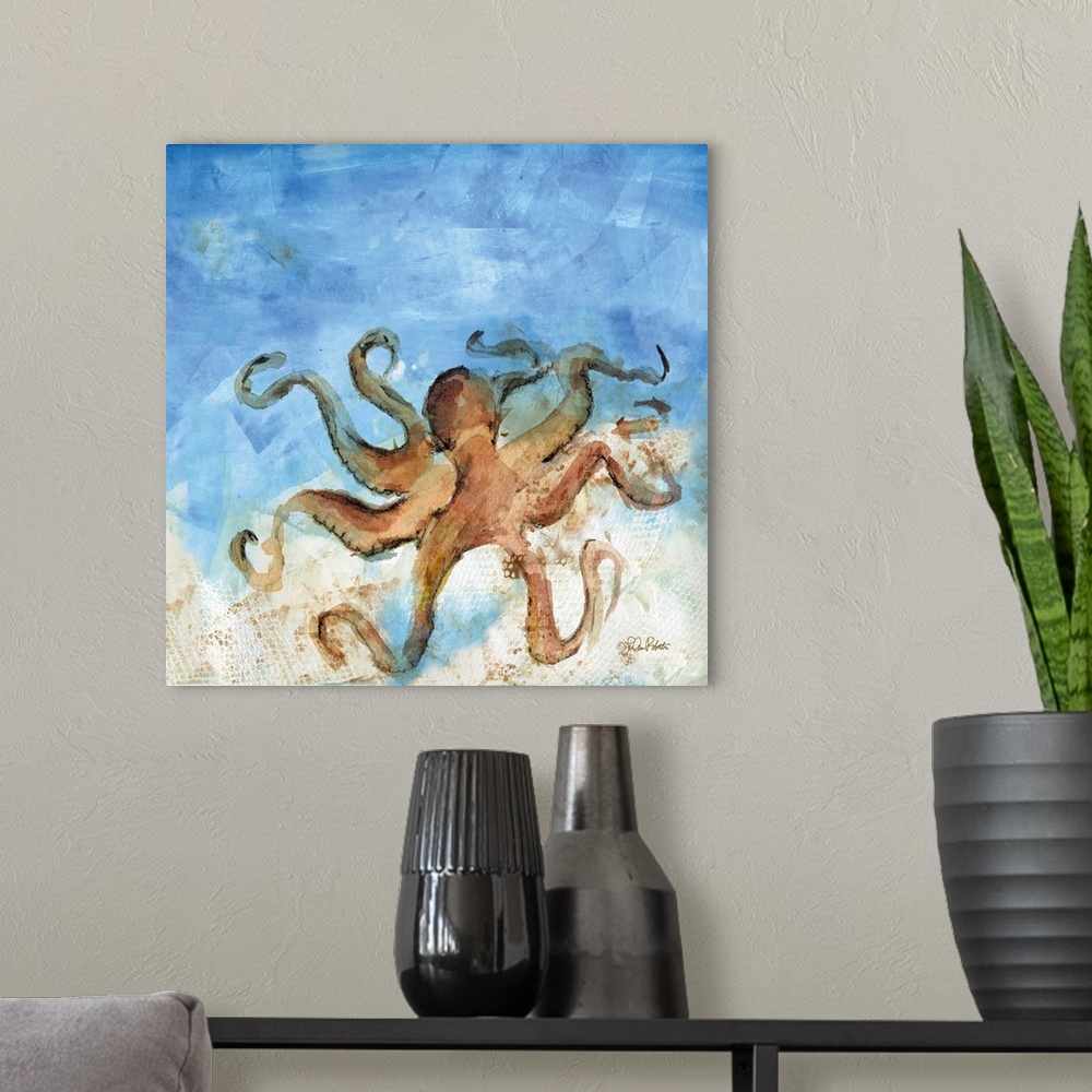 A modern room featuring Square watercolor painting of a brown and tan octopus with a blue ocean background and a white an...