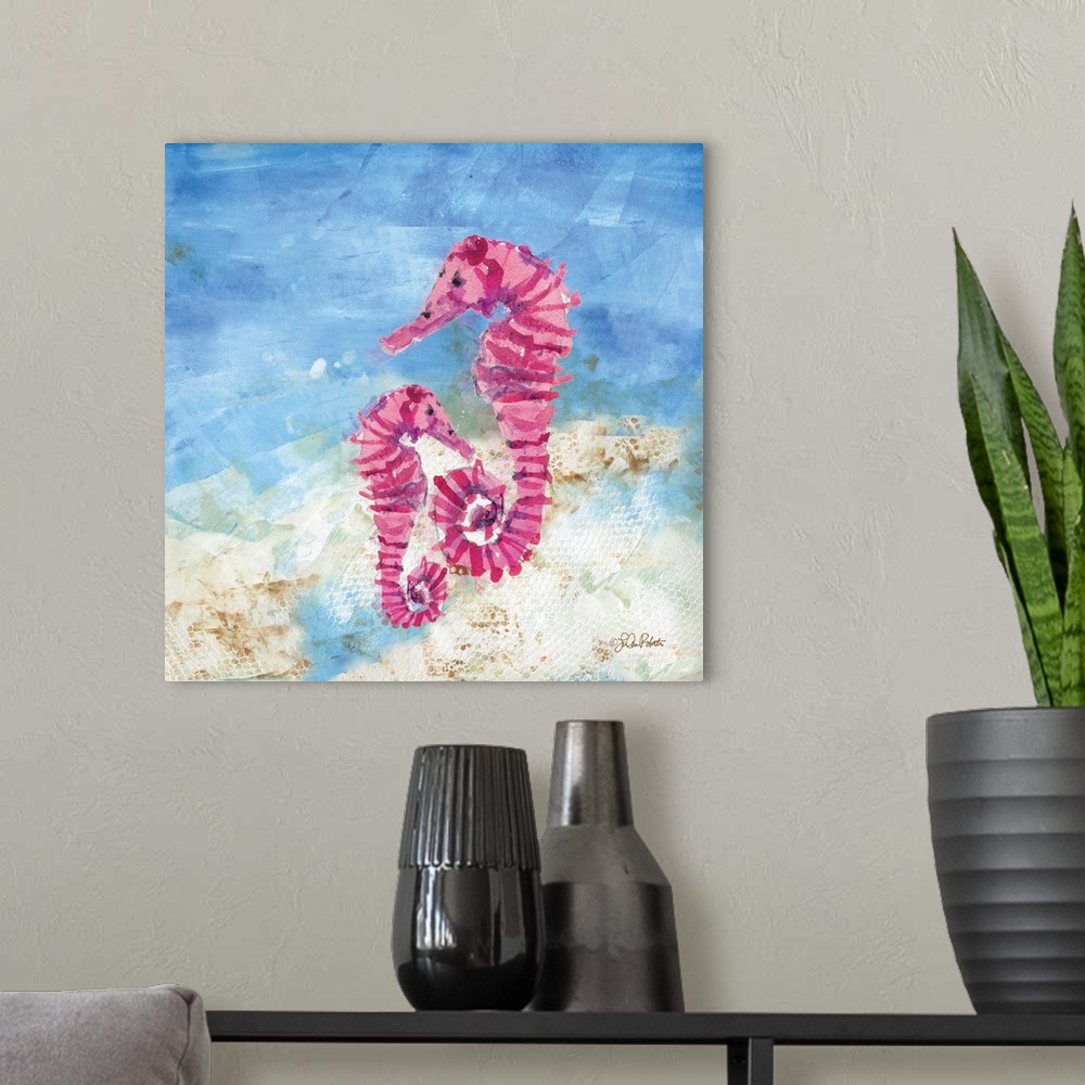 A modern room featuring Square watercolor painting of two pink striped seahorses in the ocean.