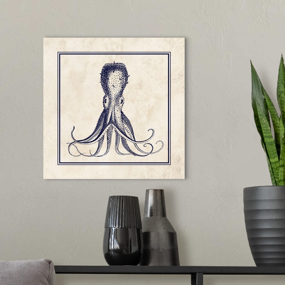 A modern room featuring Square illustration of a detailed octopus in navy blue and cream.
