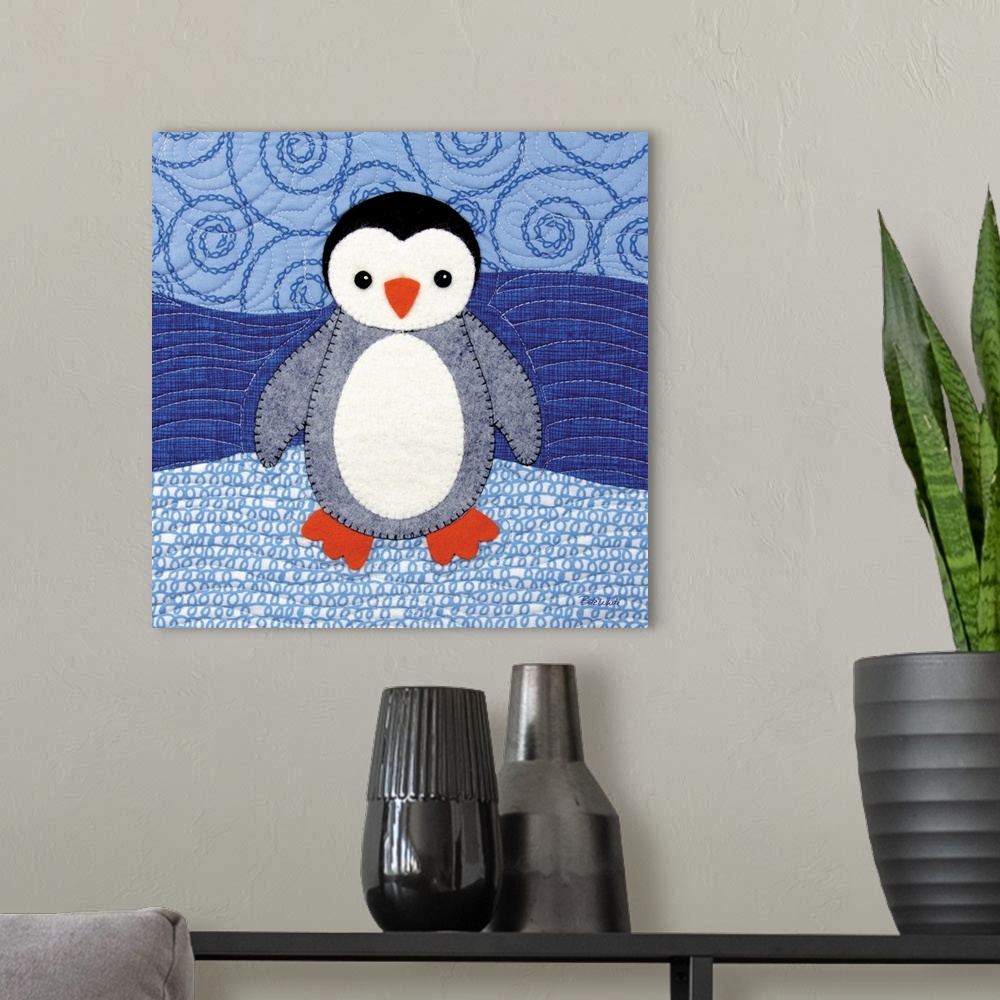 A modern room featuring Square sewn art with a penguin on a blue patterned background.