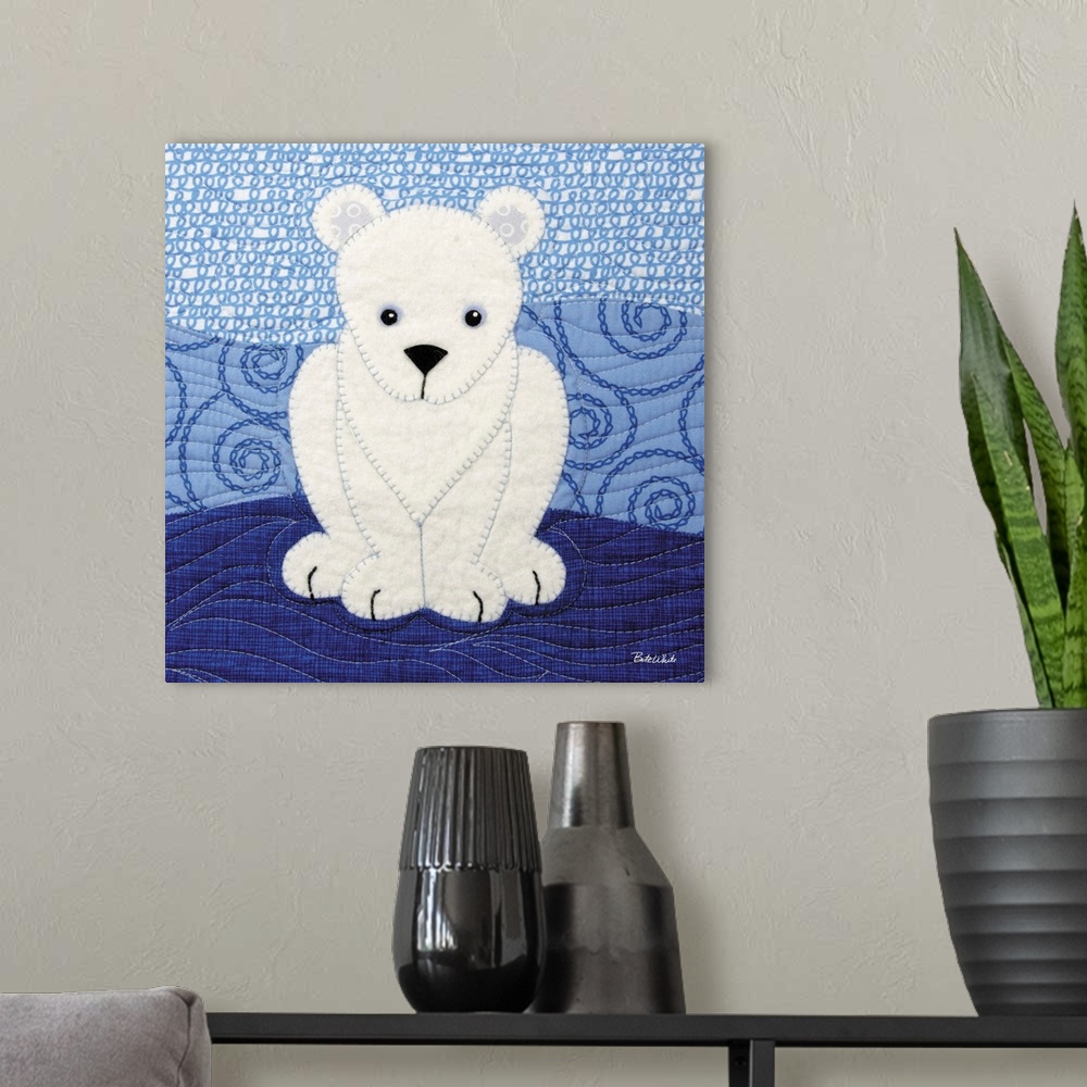 A modern room featuring Square sewn art with a polar bear on a blue patterned background.