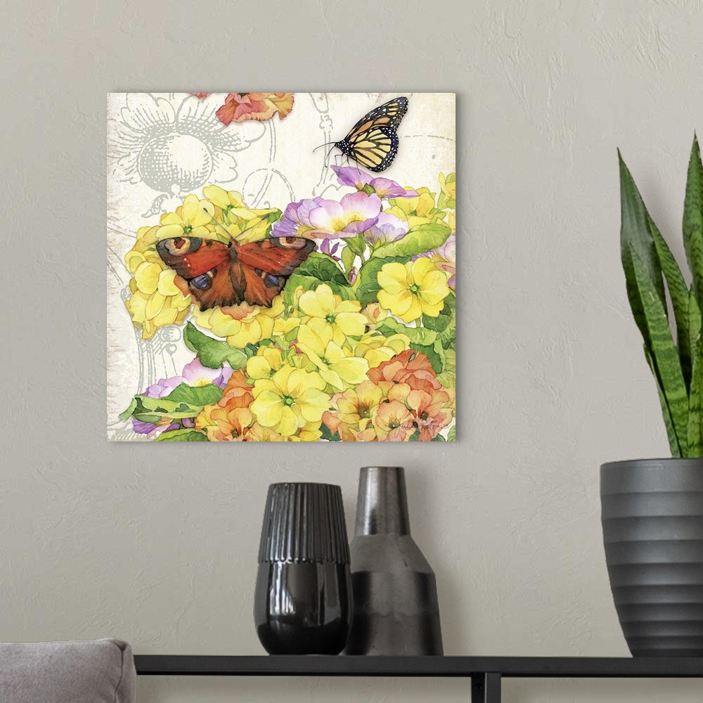 A modern room featuring Square decor with watercolor painted yellow, purple, and orange primrose flowers and two butterfl...