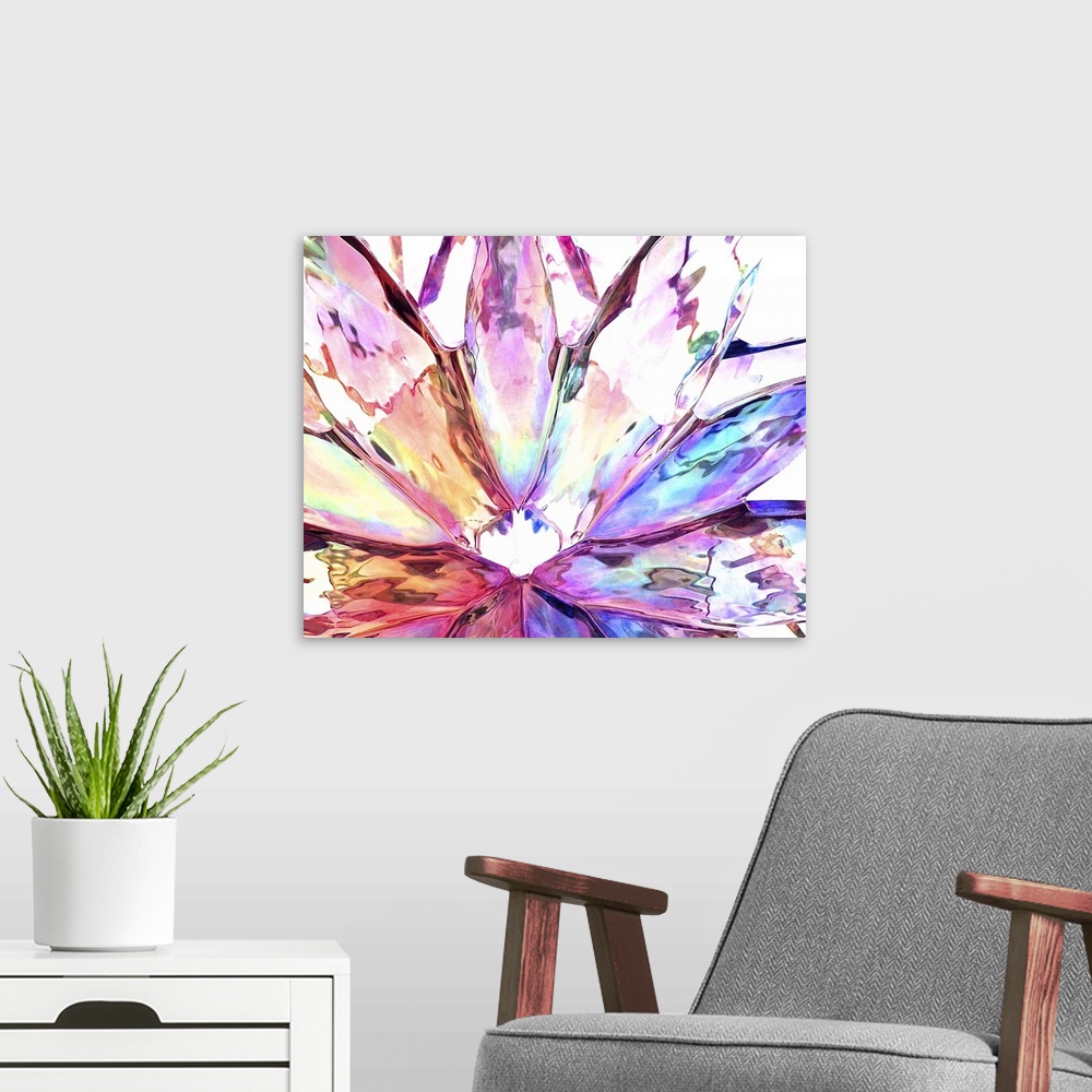 A modern room featuring Colorful photograph of light shining through glass in the shape of flower petals.