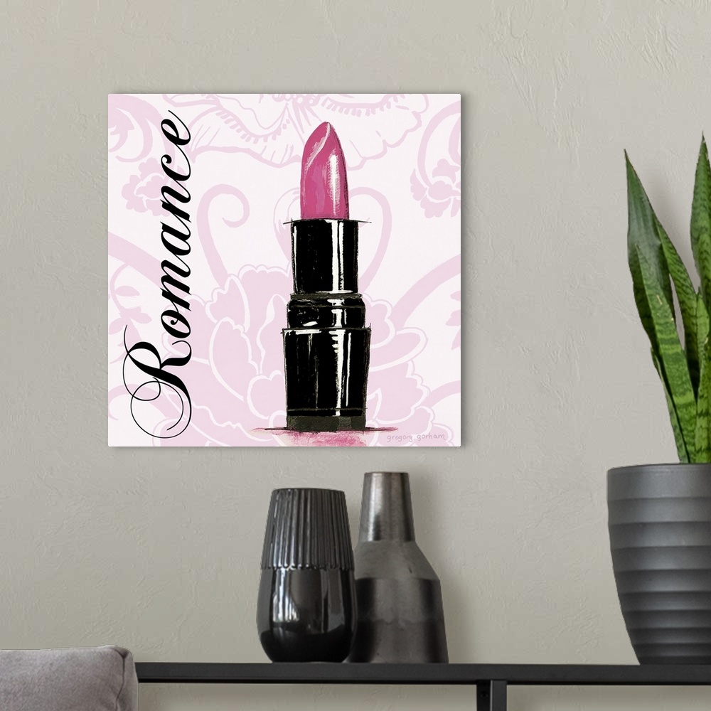 A modern room featuring Decorative square art with a pink floral background and an illustration of a tube of lipstick wit...