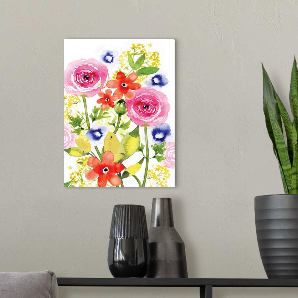 A modern room featuring Watercolor painting of a bouquet of pink and red flowers.