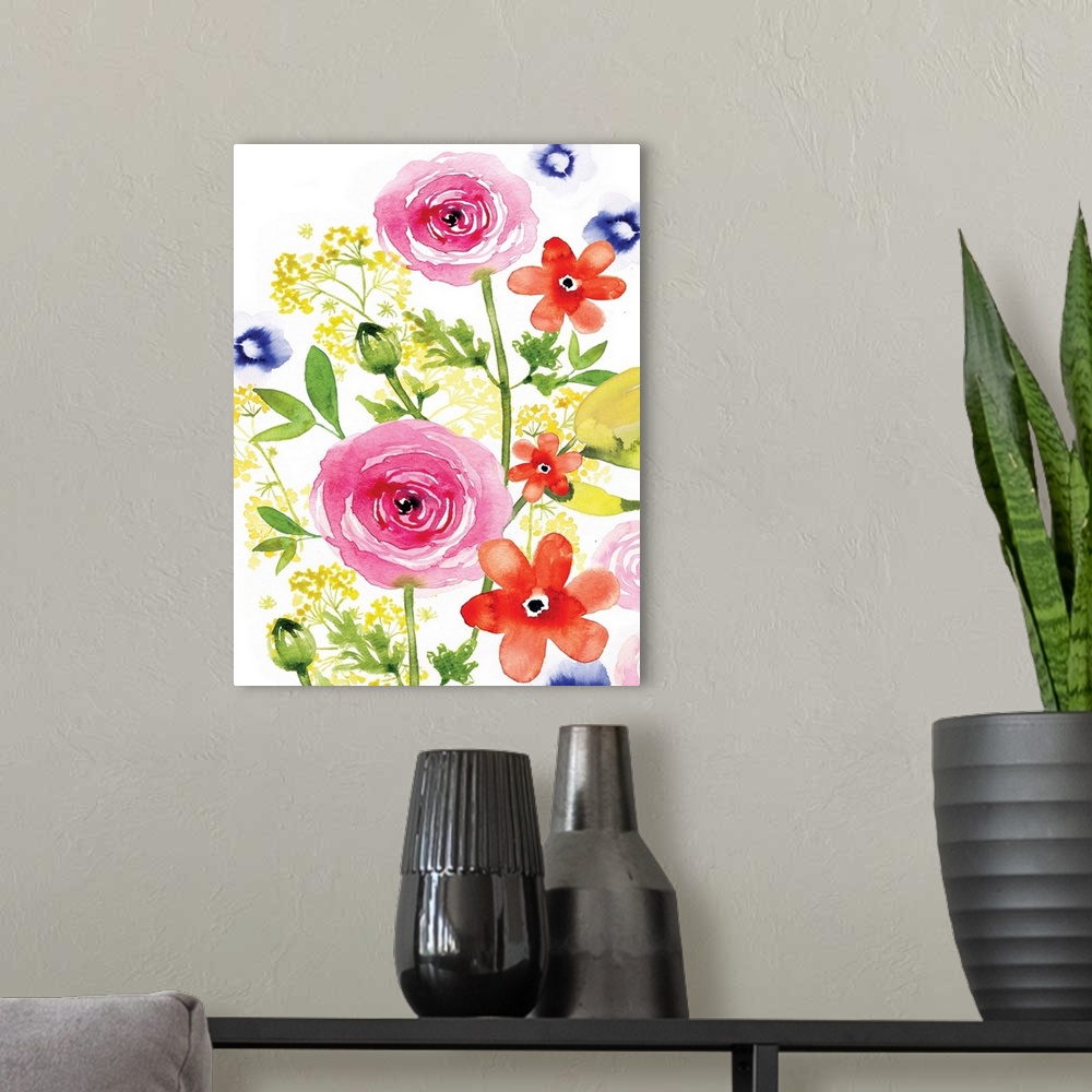 A modern room featuring Watercolor painting of a bouquet of pink and red flowers.