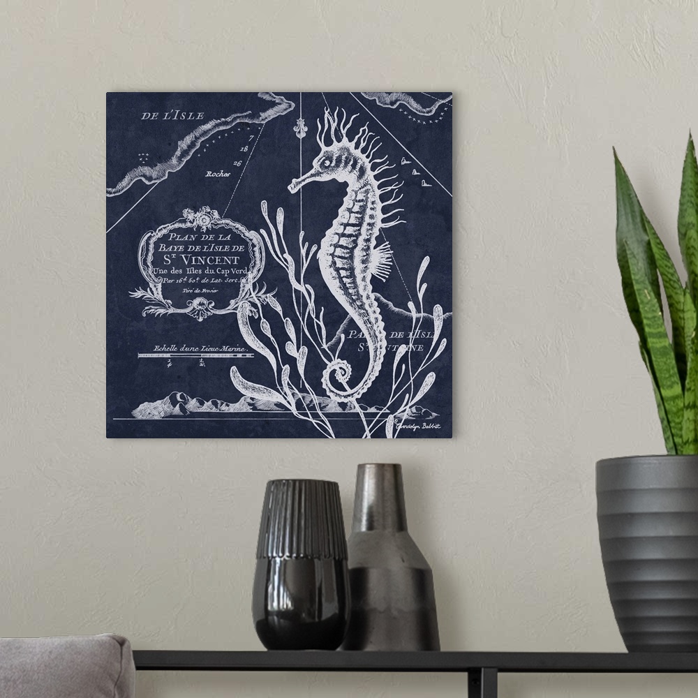 A modern room featuring Seahorse on Blue II