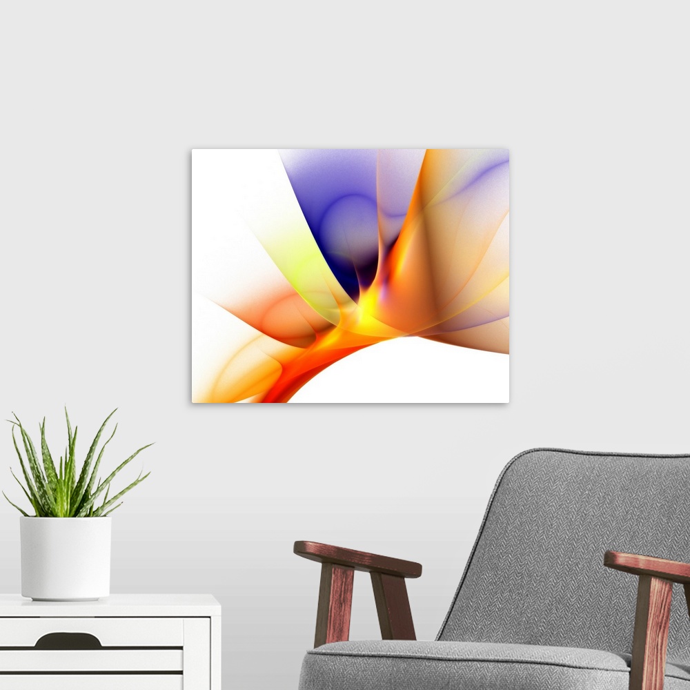 A modern room featuring Abstract photograph of spiking waves of color.