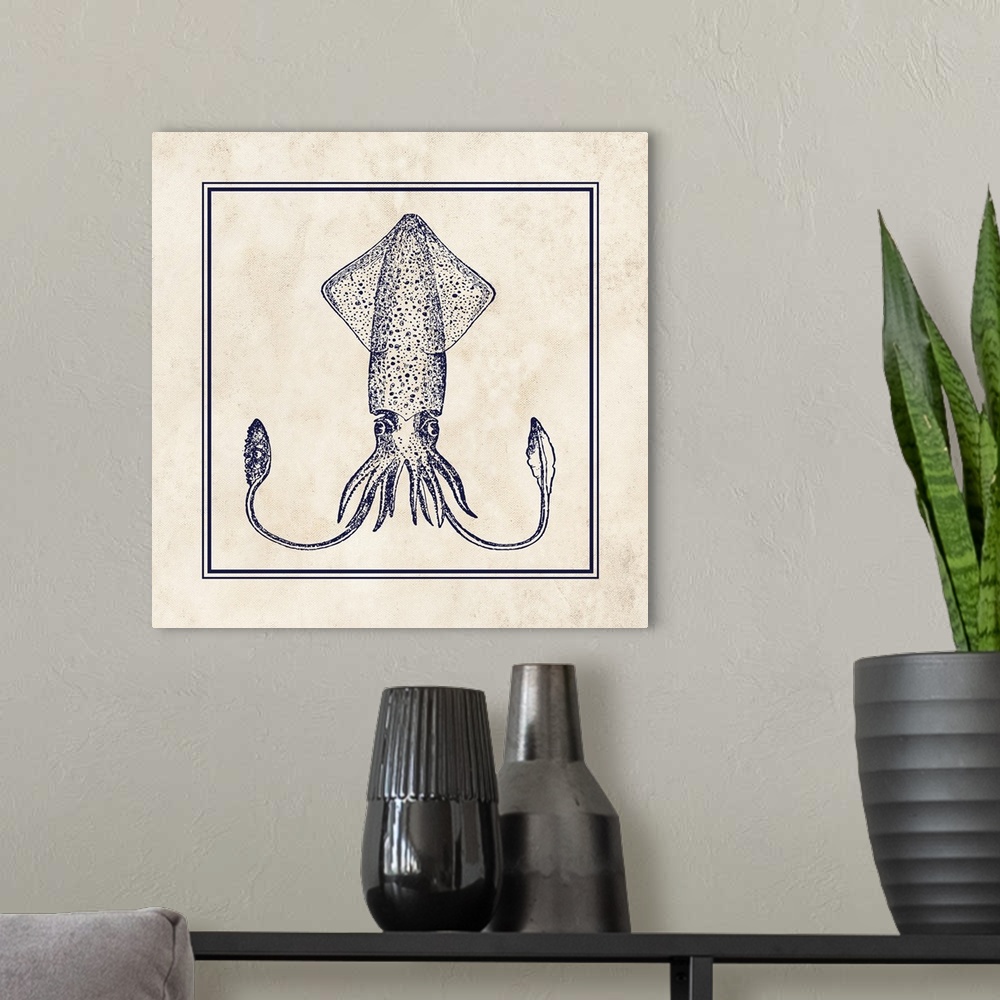A modern room featuring Square illustration of a detailed squid in navy blue and cream.
