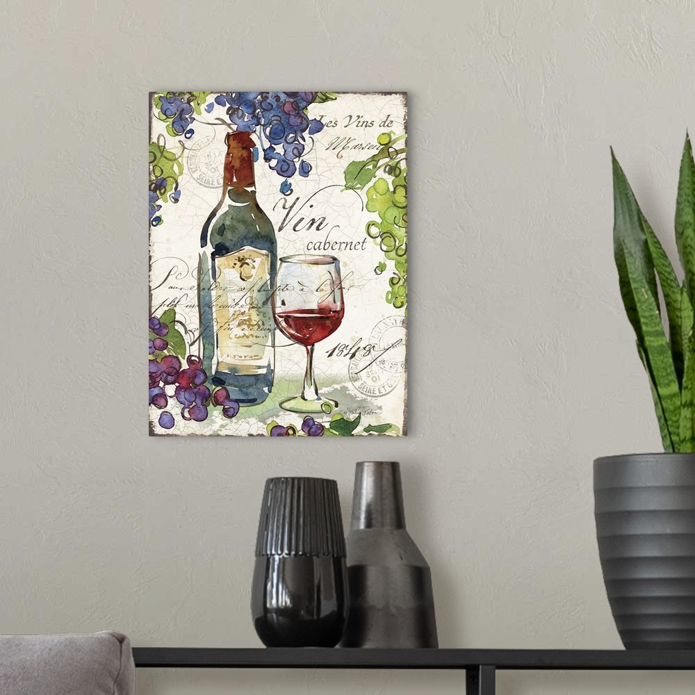 A modern room featuring Illustration with red and green grapes framing in a bottle of cabernet and a glass of wine on a c...
