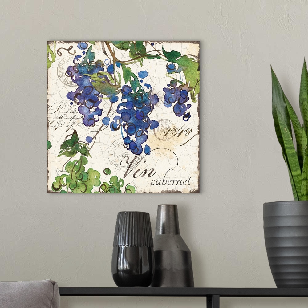 A modern room featuring Square wine decor with a watercolor painting of purple and green grapes on a cracked background w...