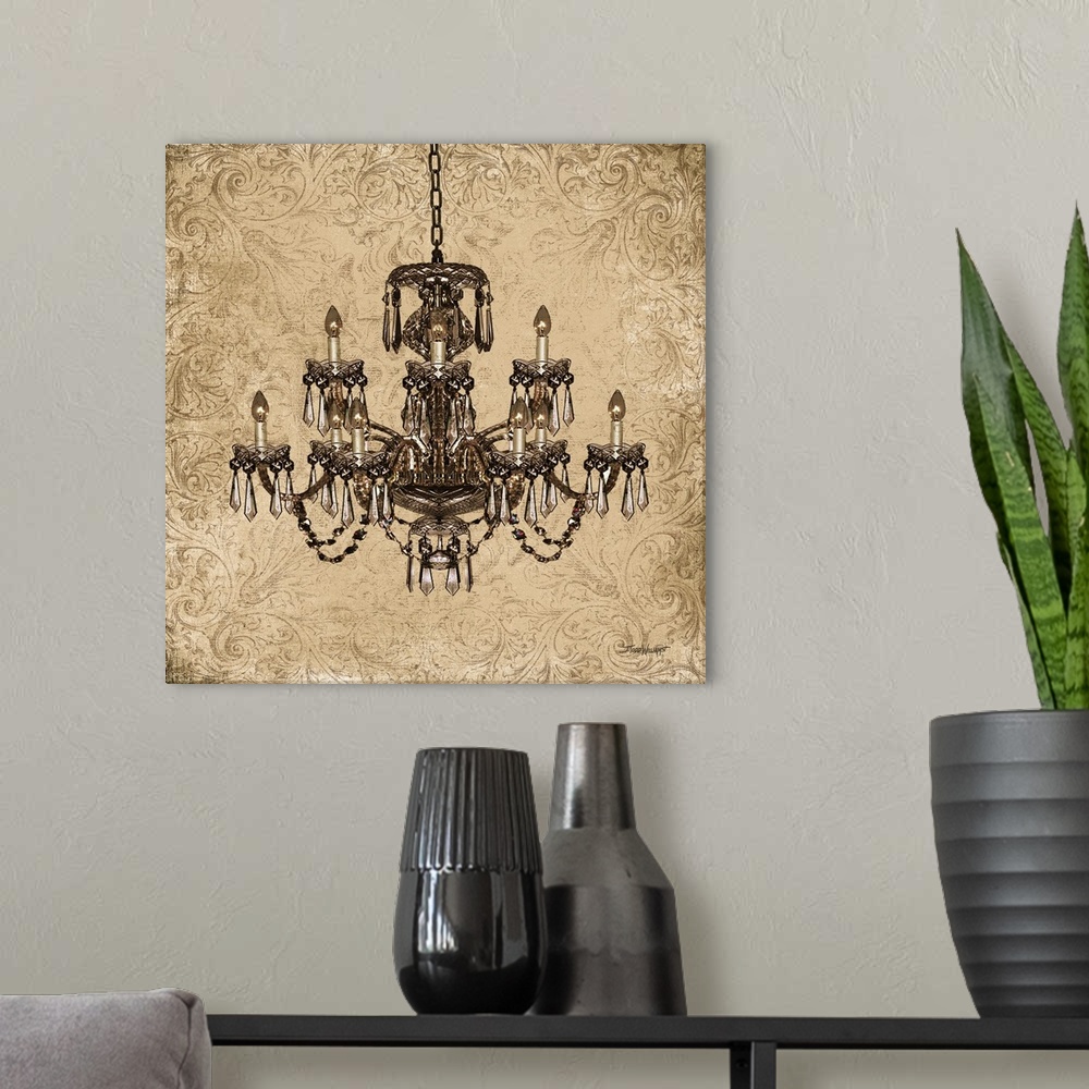 A modern room featuring Square decor with an illustration of a beautiful chandelier in gold and neutral tones.