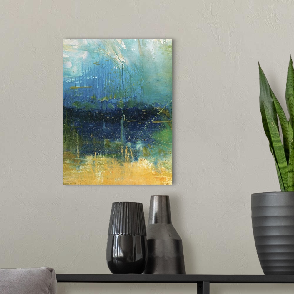 A modern room featuring Abstract painting in blue, green, yellow, and orange hues.