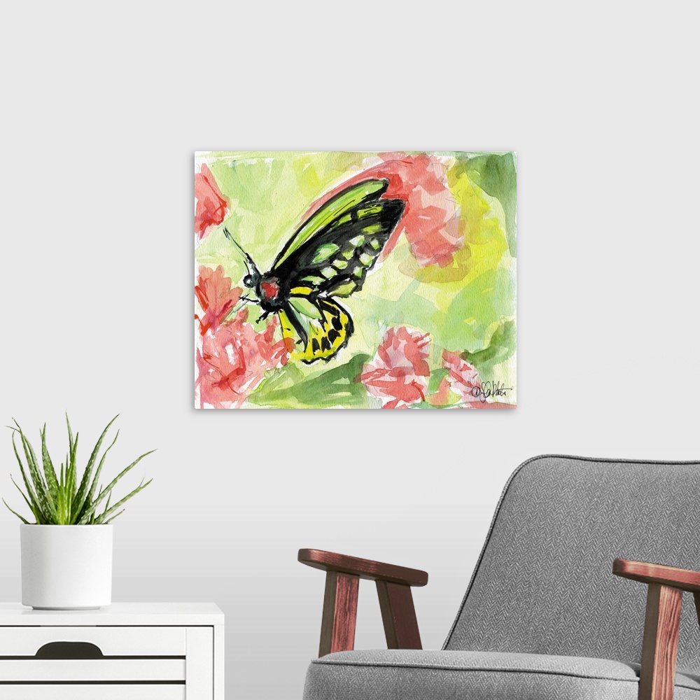 A modern room featuring Watercolor painting of a green and yellow butterfly surrounded by pink abstract flowers with a ba...