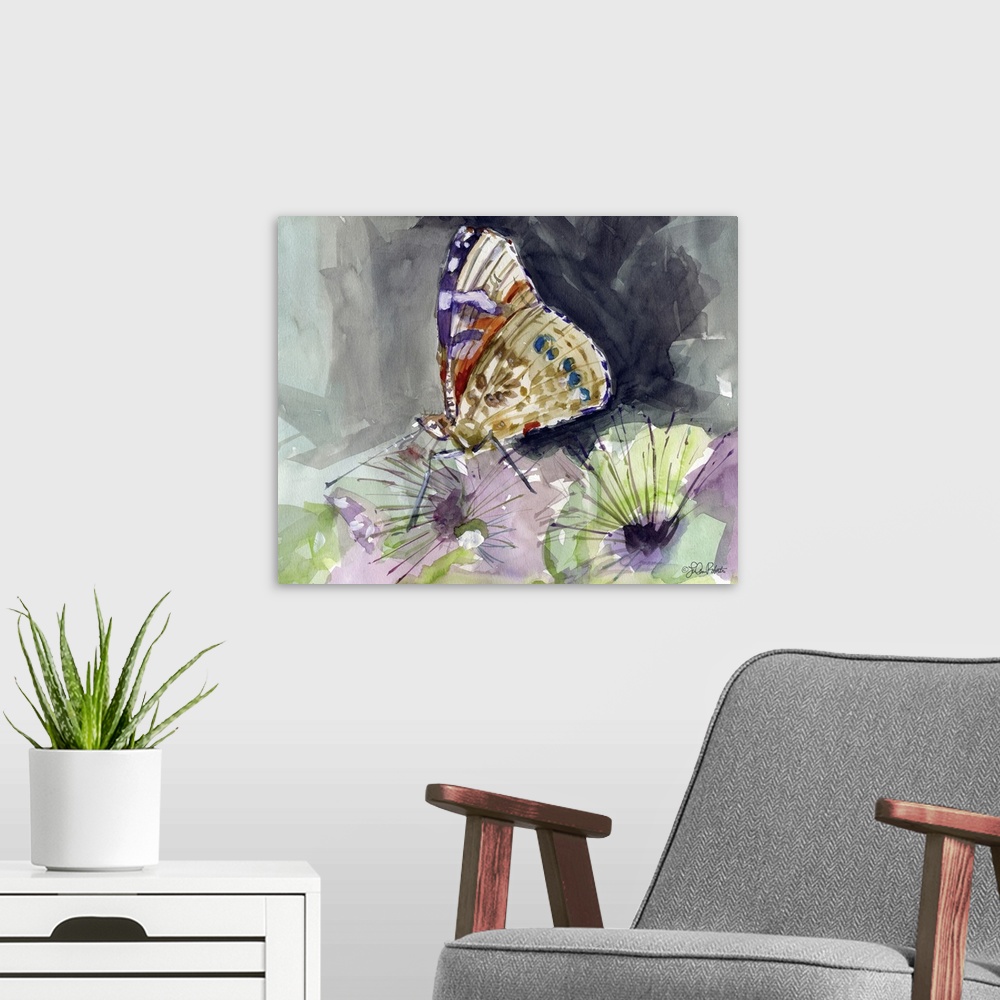 A modern room featuring Contemporary watercolor painting of a colorful butterfly with purple and green flowers.