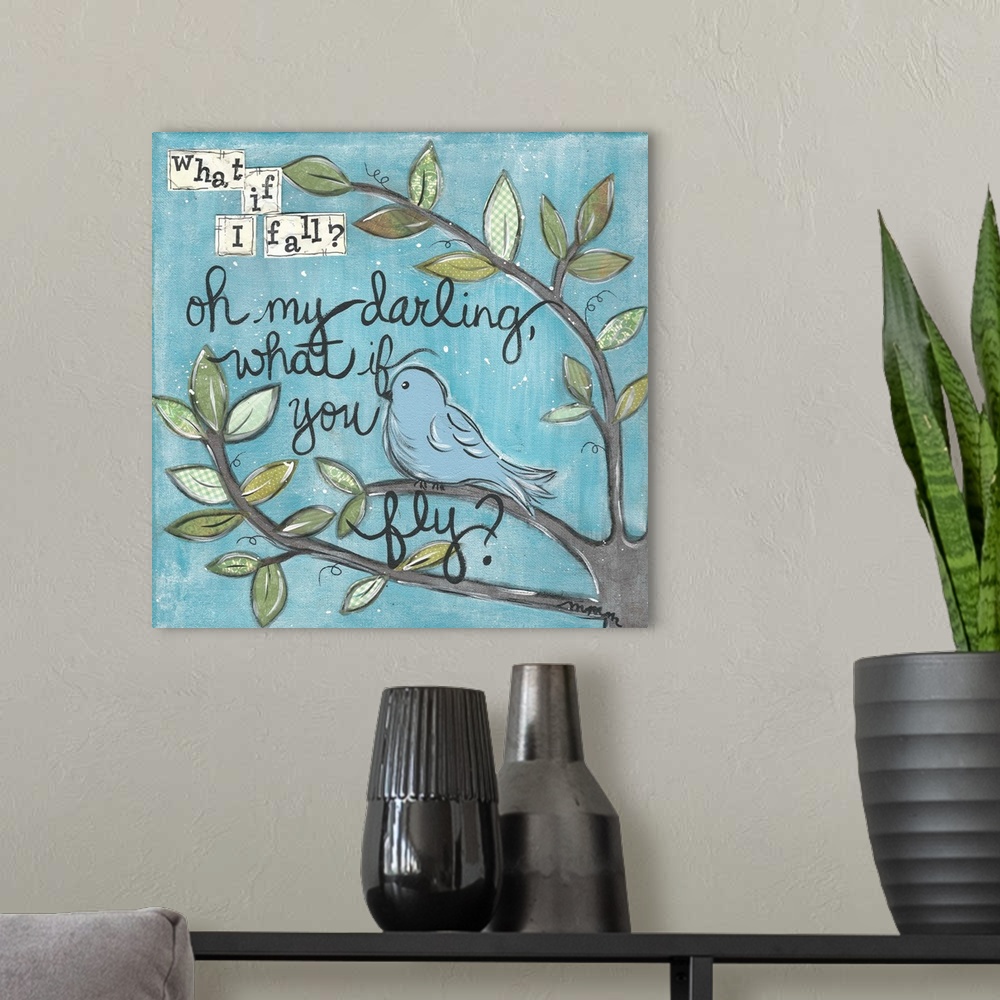 A modern room featuring "What if I Fall? Oh My Darling, What if You Fly?" created with mixed media.