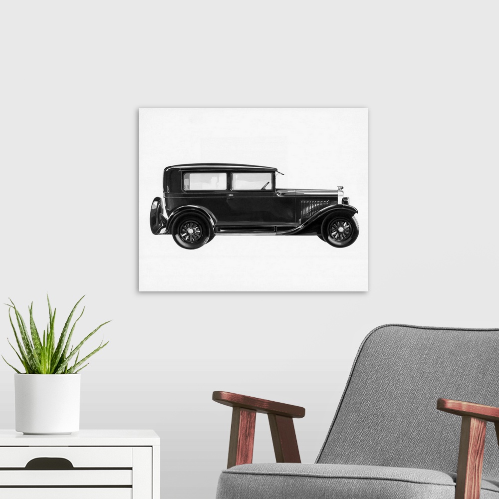 A modern room featuring A 1928 Pontiac two-door sedan. Undated illustration.