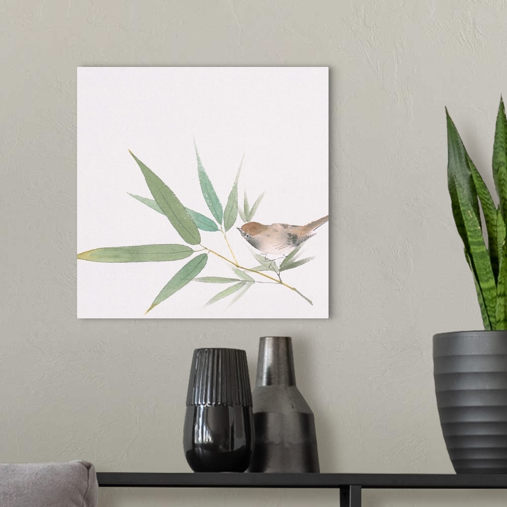 A modern room featuring A sparrow and bamboo leaves